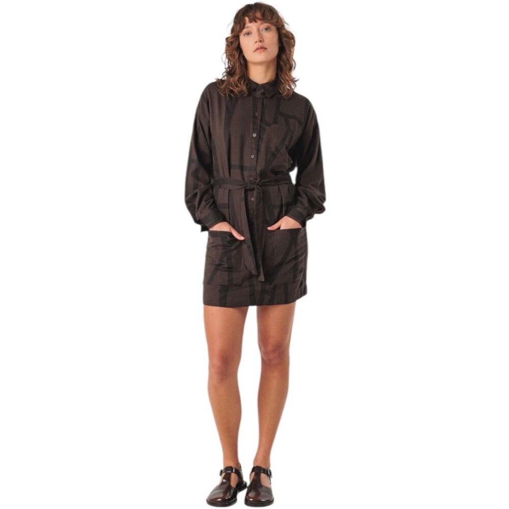 NWT SKFK Belted Shirt Dress Mini Black Brown EcoVero Size 6 Utility